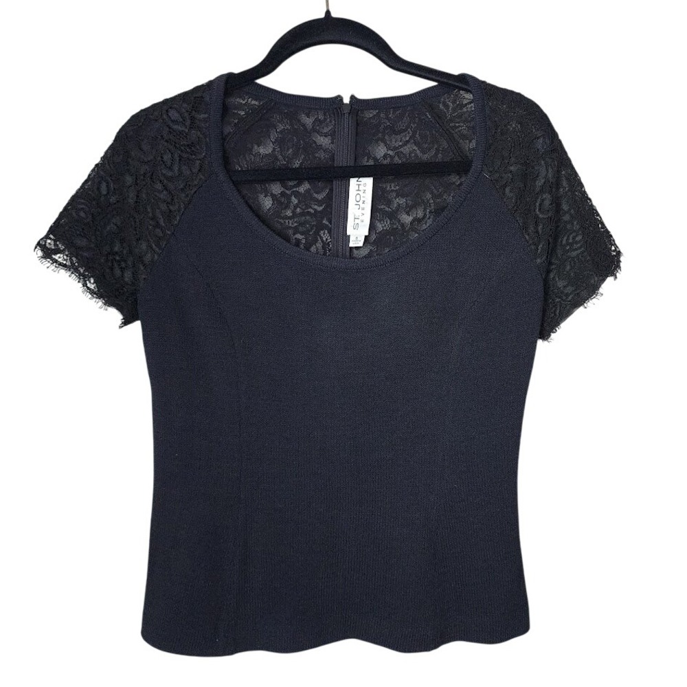 ST. JOHN EVENING Black Santana Knit Top Lace back USA Quiet Luxury Old Money S